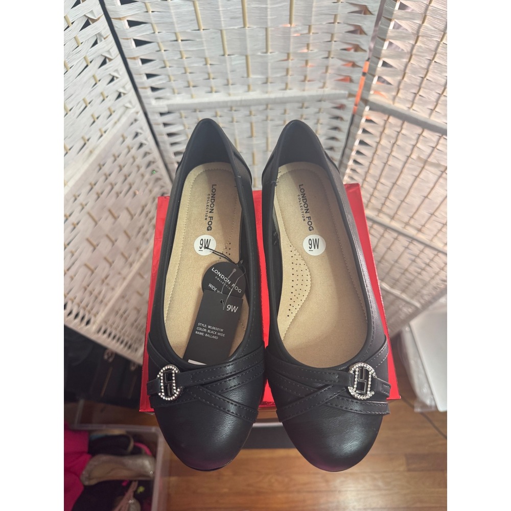 London Fog Wide Width Black Comfort Flats Rhinestone Accent Size 9W - Picture 9 of 9